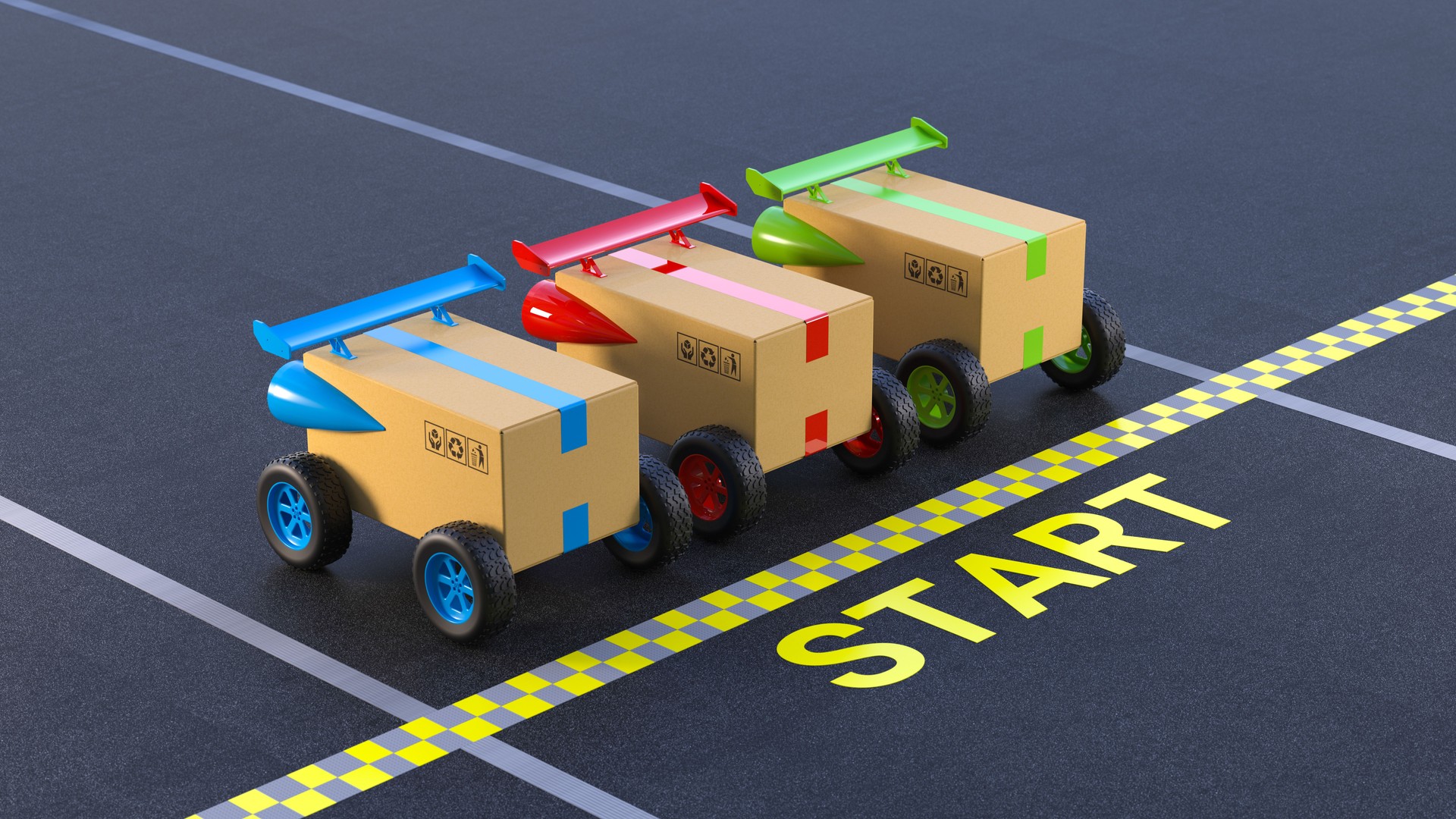 3D render of a cardboard box cars with racing wheels, red spoiler, and yellow checkered start line. Vibrant colors, dramatic lighting, motorsport concept, innovation and success imagery